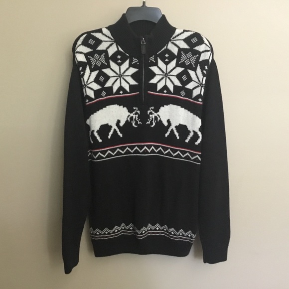 Lk New CHAPS black white red Moose 1/2 zip sweater M - Picture 2 of 6